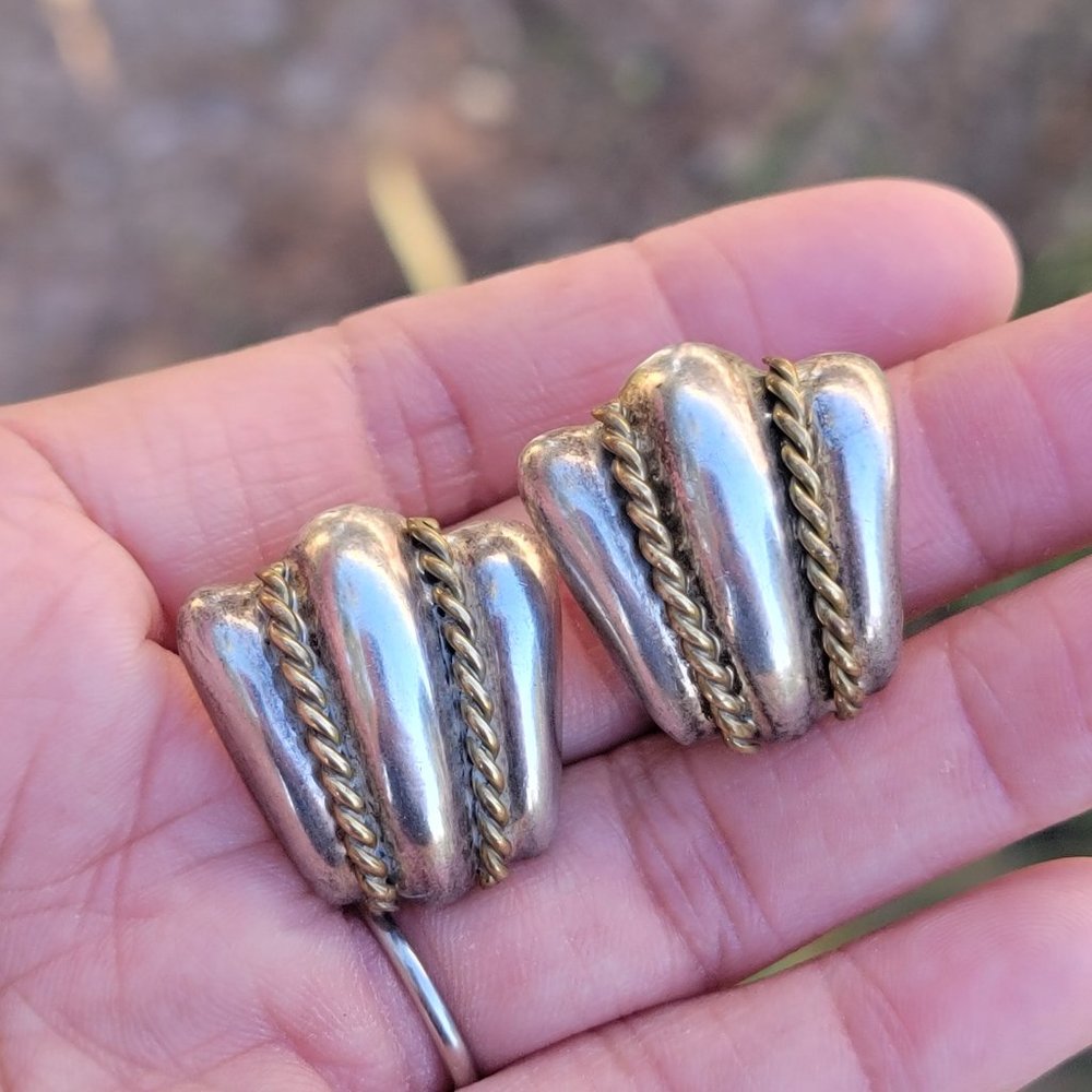 Vintage TAXCO MCM modernist 925 sterling silver + brass weighty earrings
